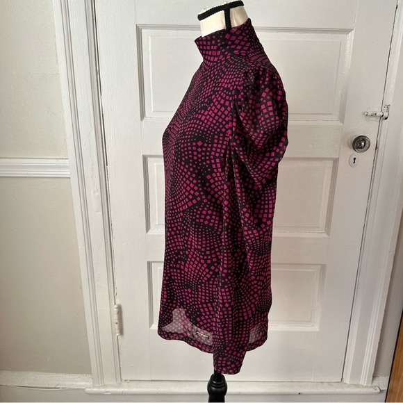 Nine West Women's Blouse Puff Sleeves Geometric Pink Print‎ Feminine Career Y2K - Picture 6 of 16